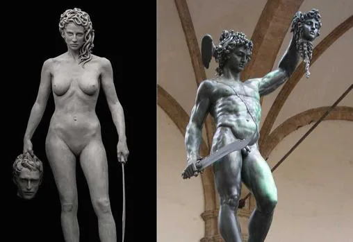 A la izquierda, la escultura de Luciano Garbati «Medusa con la cabeza de Perseo», en Nueva York. A la derecha, «Perseo con la cabeza de Medusa», de Benvenuto Cellini, en Florencia