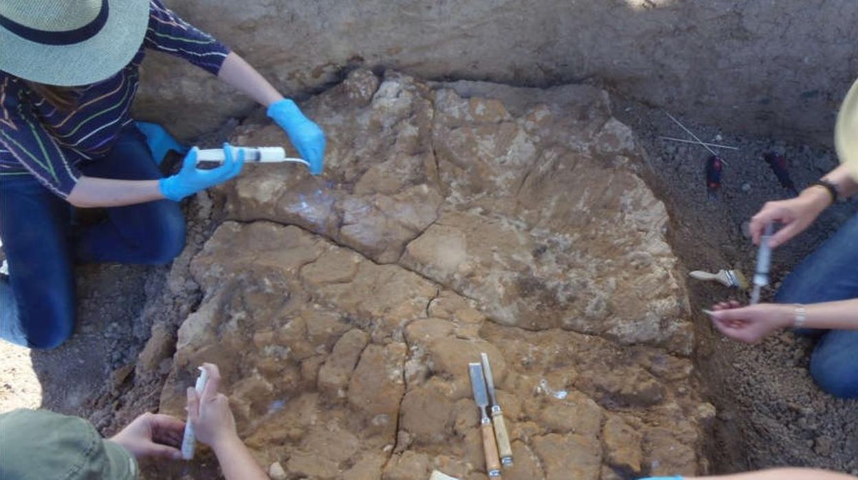 Extracción de uno de los fragmentos de adobe de la cabaña prehistórica hallada en Valencina (Sevilla)