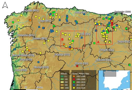 Yacimientos militares romanos atestiguados arqueológicamente en el noroeste de Iberia según su fecha de descubrimiento / publicación