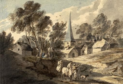 'Travellers on Horseback Approaching a Village with a Spire', de Thomas Gainsborough