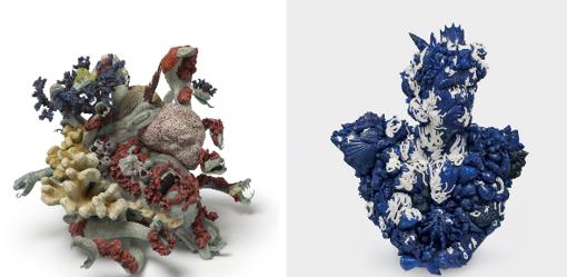 De izquierda a derecha, ‘Cabeza cortada de Medusa’ (bronce, 2015) y ‘Neptuno’ (lapislázuli y ágata blanca, 2011)