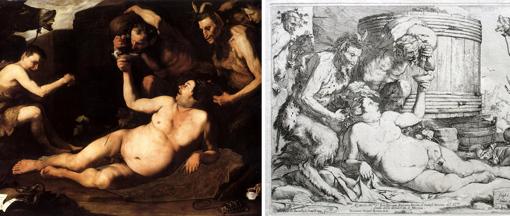 Cuadro: José de Ribera, Sileno ebrio, 1626. Óleo sobre lienzo, 1,85 x 2,29 m. Museo de Capodimonte, Nápoles. / Estampa: José de Ribera, Sileno borracho, 1628. Aguafuerte y buril, 275 x 352 mm. BNE, inv. 14400