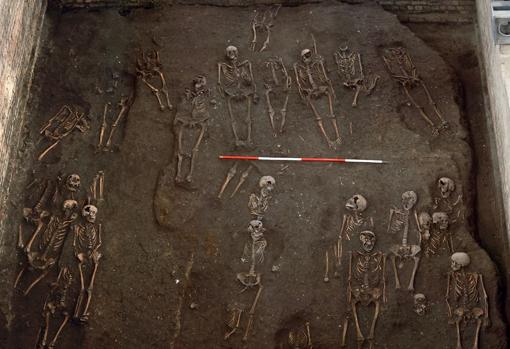 Los restos de numerosos individuos desenterrados en el antiguo emplazamiento del Hospital de San Juan Evangelista en Cambridge, durante la excavación de 2010