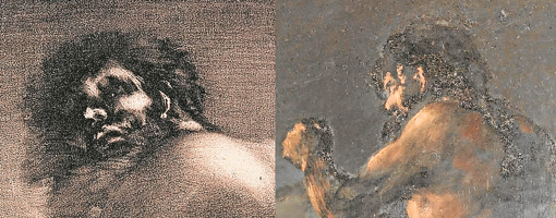 Dos obras hermanas, el Gigante pintado (‘El Coloso’) y grabado (izquierda, aquí invertido para ver sus facciones comparadas) proceden de la misma época. Mena no logró disociarlas; fue muy contestada