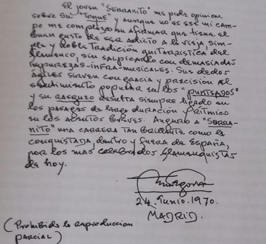Carta del maestro Segovia a Serranito, en 1970