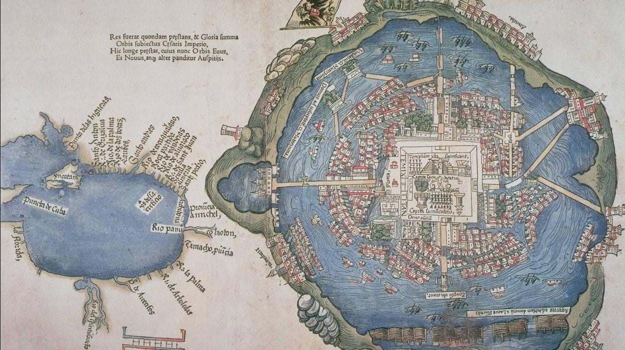 Mapa de Tenochtitlan impreso en Nuremberg, Alemania, en 1524, y basado en planos anteriores realizados por Cortés o por los propios pobladores mexicas