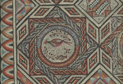Detalle dibujado por Osset del mosaico principal de la villa de Rienda