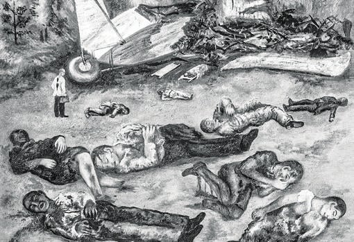 ‘El avionazo’ (c. 1936-38), obra de Frida Kahlo en paradero desconocido. Basado en un accidente aéreo en México y metáfora de la infidelidad de su marido con su hermana