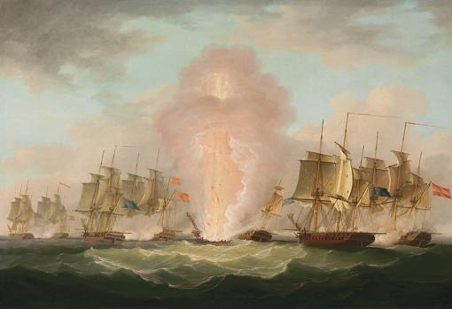 Cuadro de Francis Sartorius sobre la explosión de la Mercedes en el combate del cabo de Santa María el 5 de octubre de 1804