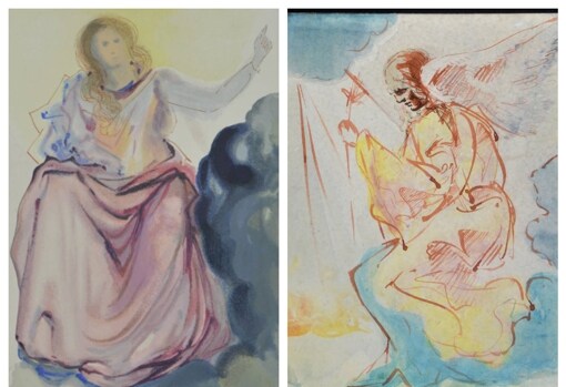 Ilustración para el Paraíso y acuarela original que Dalí utilizó como trabajo preparatorio