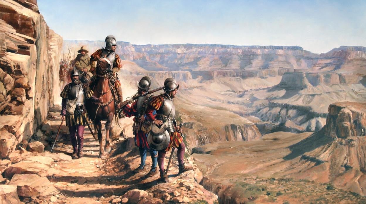 López de Cárdenas, de la expedición de Vázquez de Coronado, se asoma al Cañón del Colorado en este óleo de Augusto Ferrer-Dalmau