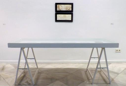 'Aquí yacen los restos de cinco compañeros' (2017), Sudario, 5cinco actas de defunción y tres fotografías. Expuesto en el Palacio de los Condes de Gabia (Granada).