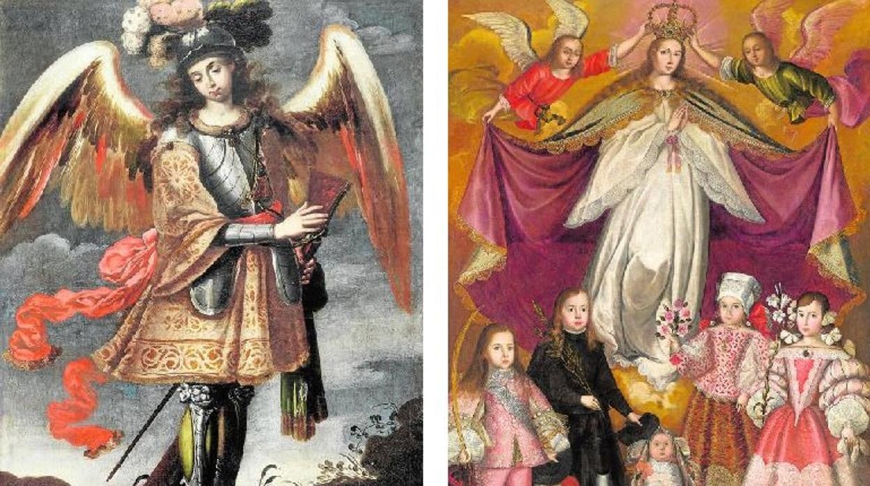 ‘Ángel arcabucero mariano’. Obrador peruano (h. 1760). A la derecha, ‘Patrocinio de la Inmaculada sobre los hijos del virrey Conde de Lemos’. Obrador de F. de Escobar (h. 1672)