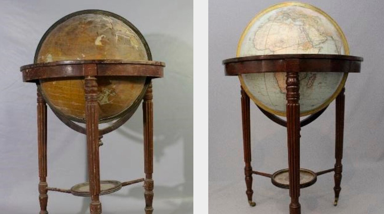 El globo terráqueo antes y después de la restauración