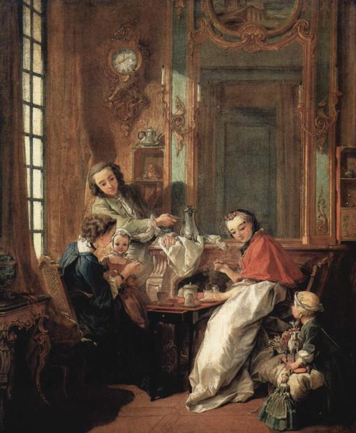 François Boucher. El desayuno. 1739. Museo del Louvre. París. La niña, que se encuentra a la derecha de la composición, lleva una muñeca vestida a la moda