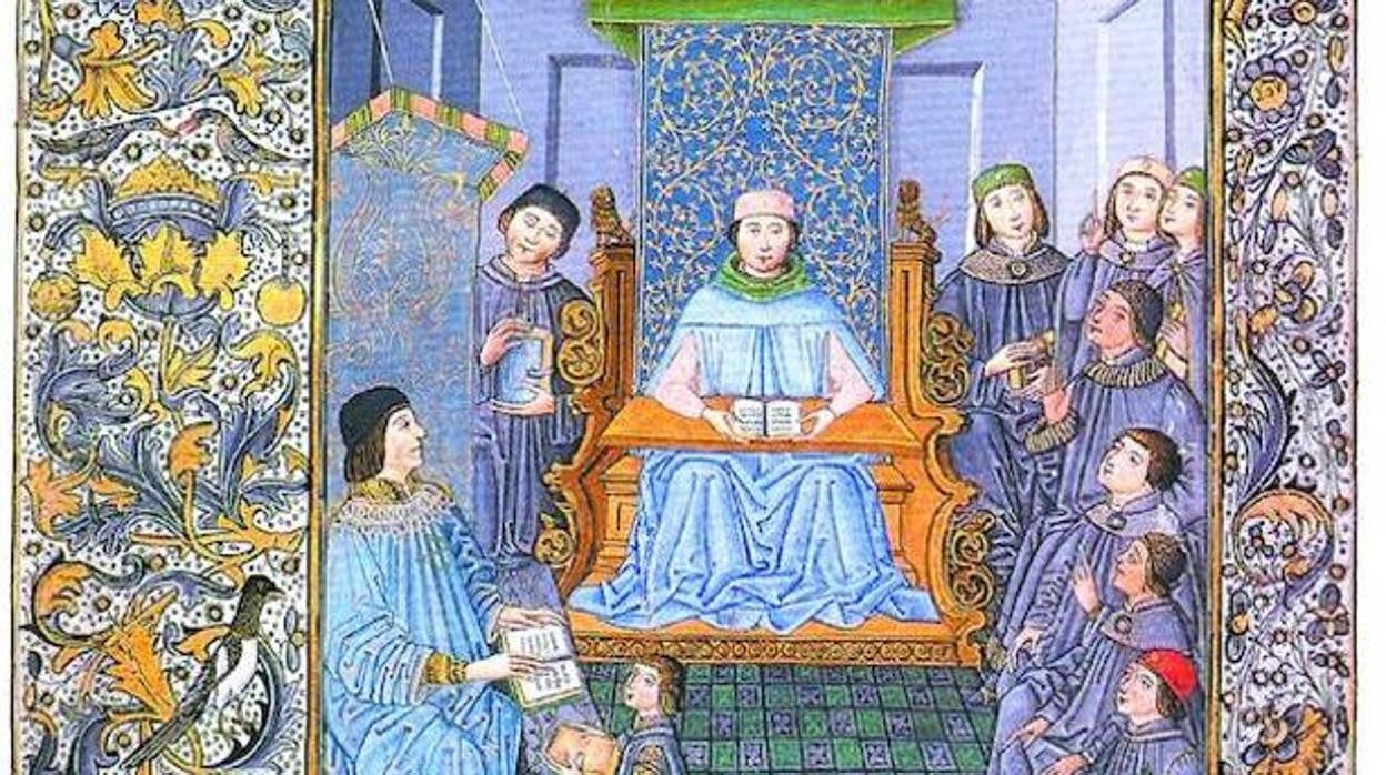 Nebrija con alumnos en un grabado de la época