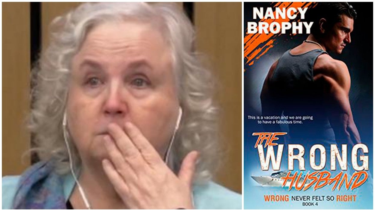 La novelista Nancy Crampton Brophy, durante el juicio. A la derecha, portada del libro 'El marido equivocado'