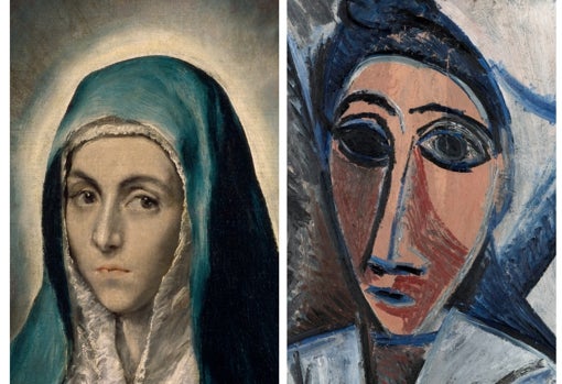 A la izquierda, 'La Virgen María', de El Greco. A la derecha, estudio para 'Las Señoritas de Aviñón', de Picasso
