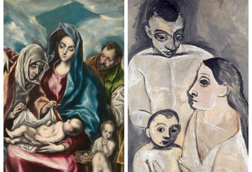 A la izquierda, 'Sagrada Familia con Santa Ana y San Juan niño', de El Greco. A la derecha, 'Hombre, mujer y niño', de Picasso