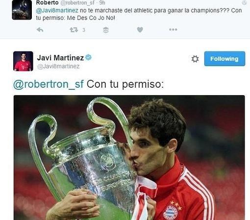 Antológica réplica de Javi Martínez a un tuitero desinformado