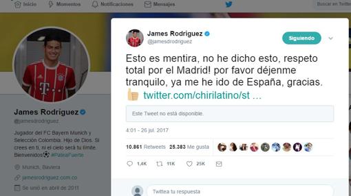 Captura de la cuenta oficial de Twitter de James Rodríguez