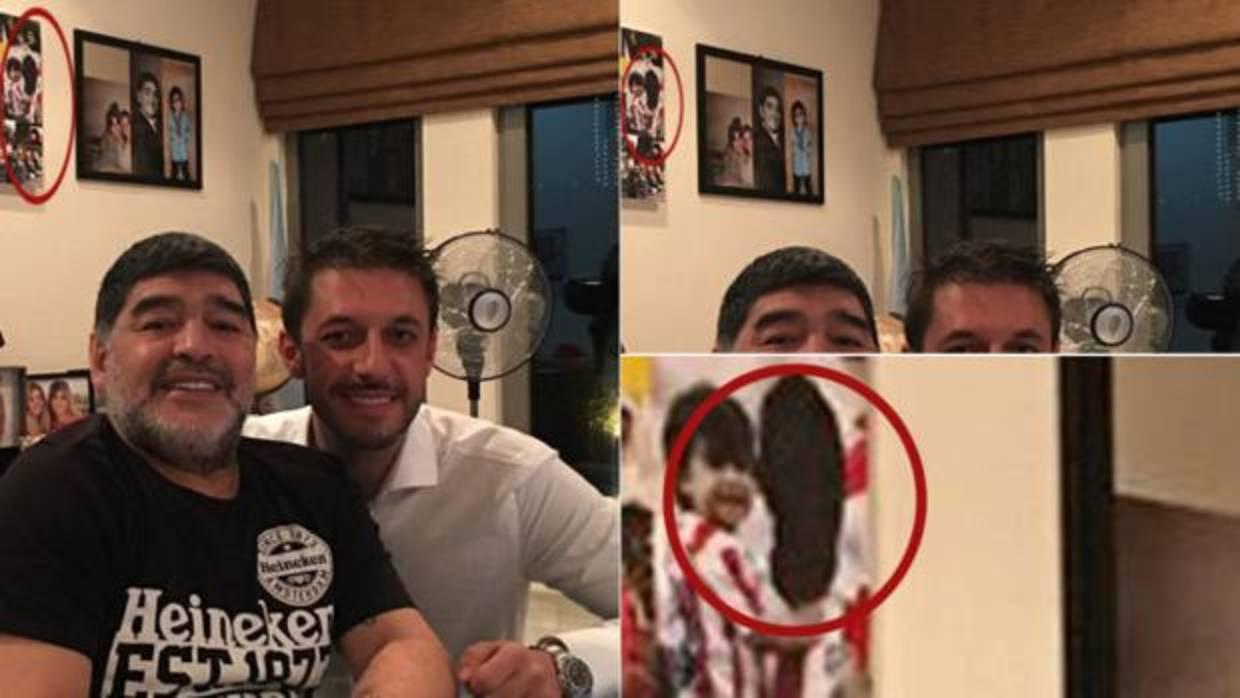 Diego Armando Maradona con su abogadoy la foto de fondo