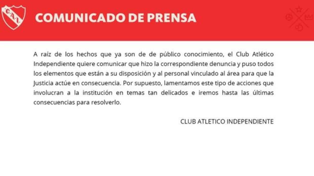 Captura del comunicado oficial de Independiente en sus redes sociales