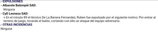 Así refleja el acta arbitral la expulsión de Rubén de la Barreda