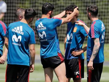 Los jugadores de España en un entrenamiento previo al Mundial de Rusia 2018