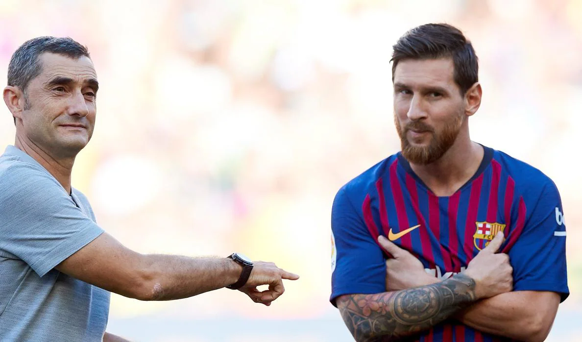 Ernesto Valverde y Leo Messi antes del Gamper