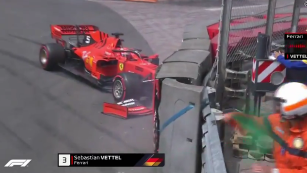 Vettel da el susto al estrellarse con su Ferrari en Mónaco