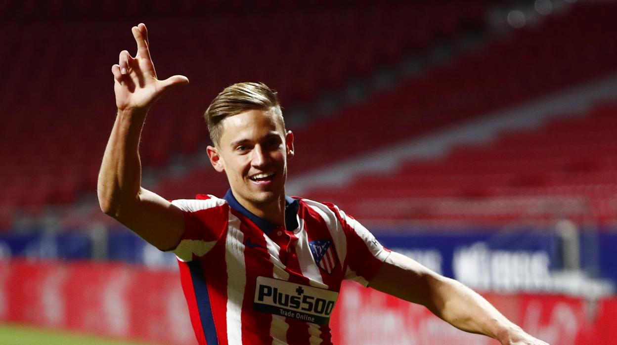 Marcos Llorente celebra su último gol en Liga