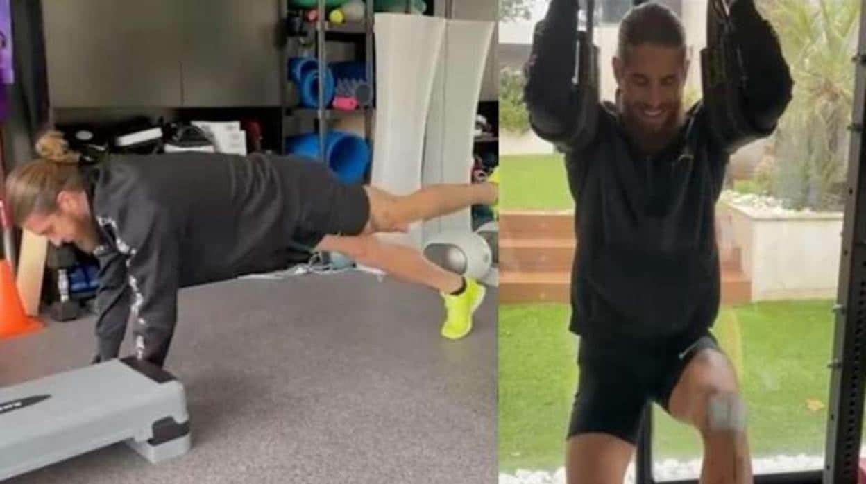 Ramos trabaja en el gimnasio de casa cinco días después de su operación en la rodilla izquierda