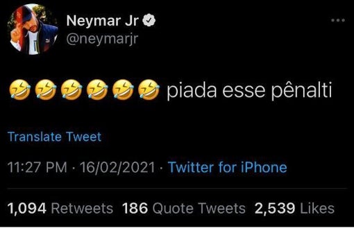 Neymar se mofa del penalti al Barcelona en un tuit que luego borra