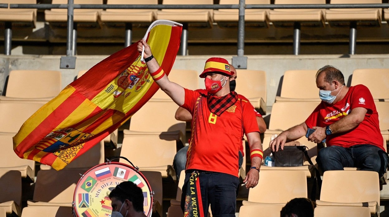 Aficionados españoles antes del encuentro de la Eurocopa entre España y Suecia disputado en el estadio de la Cartuja