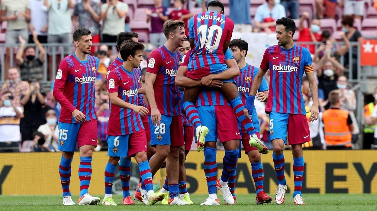 Ansu Fati celebrando su primer gol en el Camp Nou tras su regreso