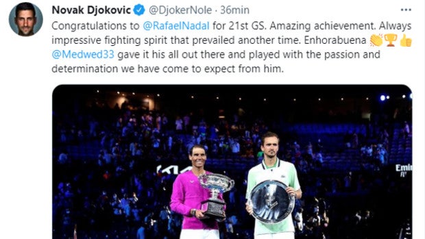 Djokovic felicita a Nadal: «Impresionante espíritu de lucha, increíble logro»