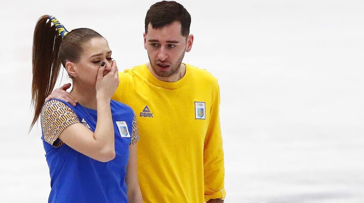 Oleksandra Nazarova y Maksym Nikitin, al acabar su ejercicio en Montpellier