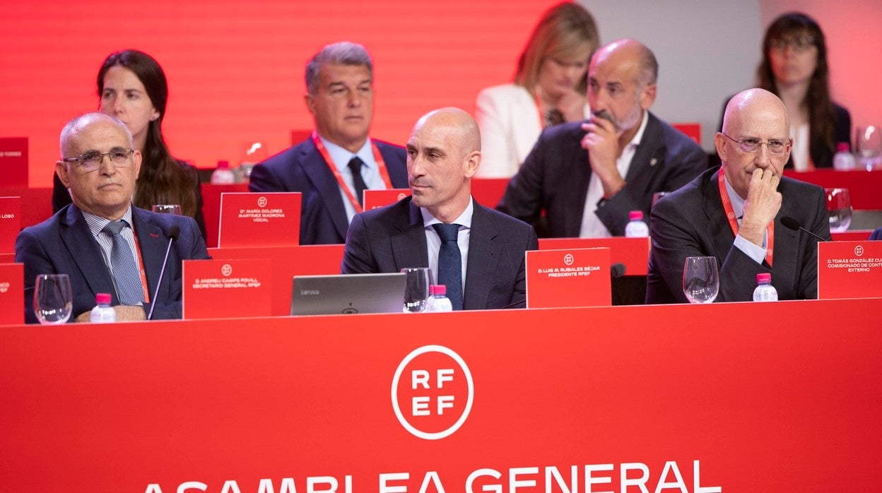 Luis Rubiales (en el centro), durante la Asamblea General de la RFEF celebrada este lunes