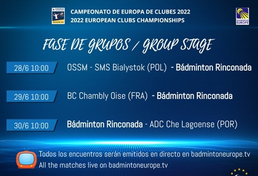 Los horarios de la fase de grupos del Bádminton Rinconada