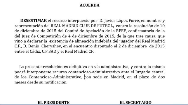 El TAD legitimó al Cádiz para denunciar al Real Madrid &quot;dada la naturaleza de la Copa del Rey&quot;