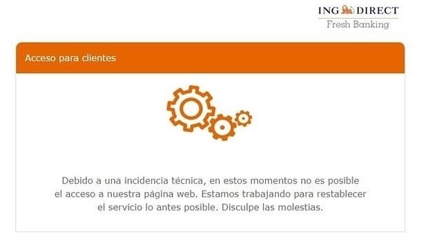 Mensaje publicado por ING Direct en el momento del colapso de su web