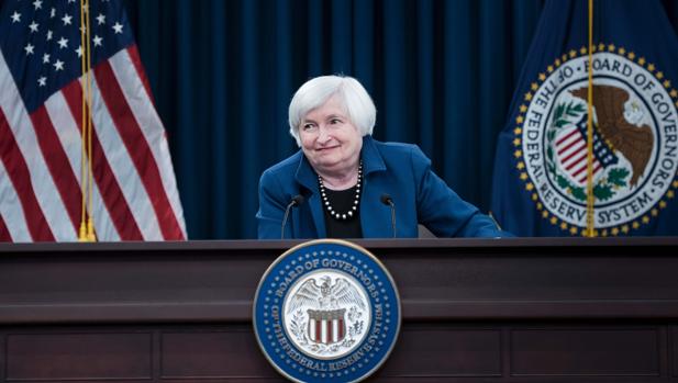 Janet Yellen, presidenta de la Fed, en una rueda de prensa
