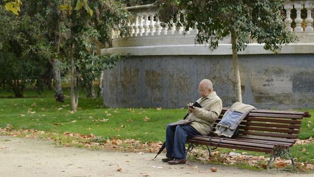 Un anciano lee en el parque del Retiro de Madrid