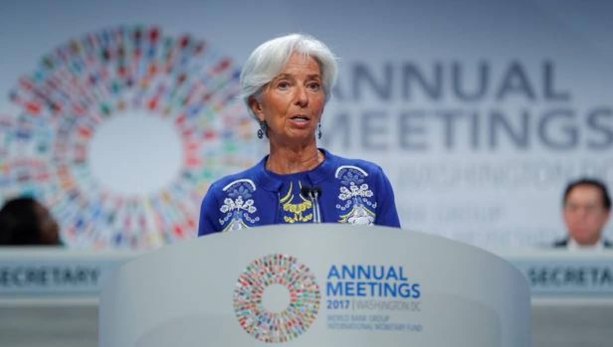 Christine Lagarde, presidenta del FMI, en una conferencia producida este viernes