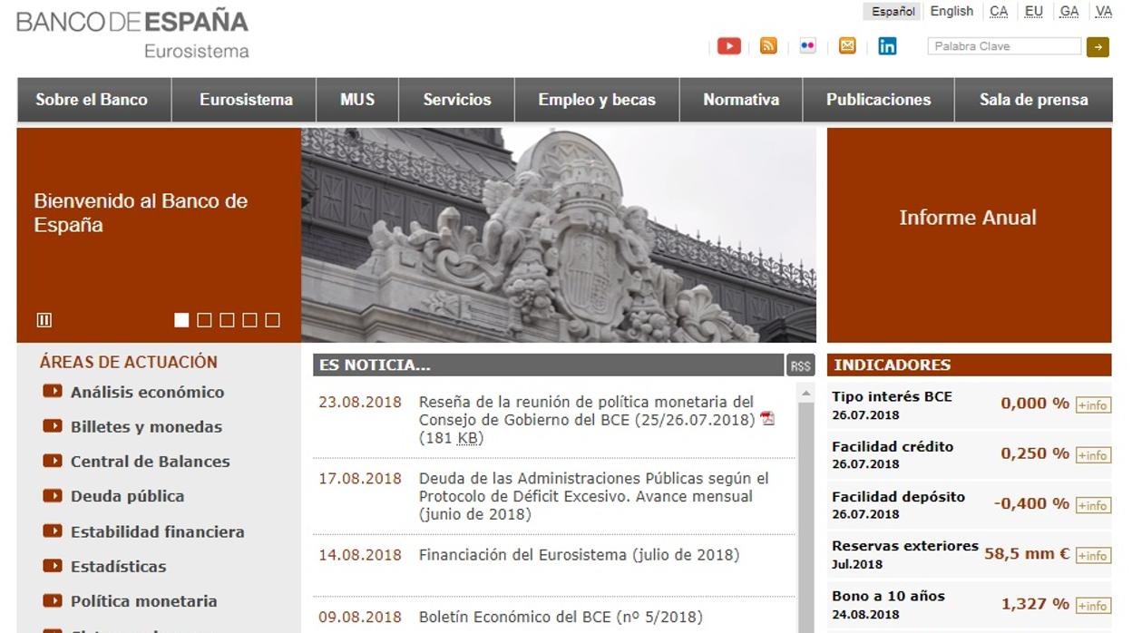 Captura de pantalla de la página web del Banco de España