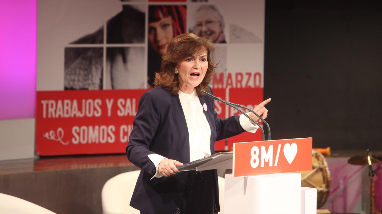 La vicepresidenta del Gobierno y ministra de Presidencia, Relaciones con las Cortes e Igualdad, Carmen Calvo, en un acto previo al 8-M