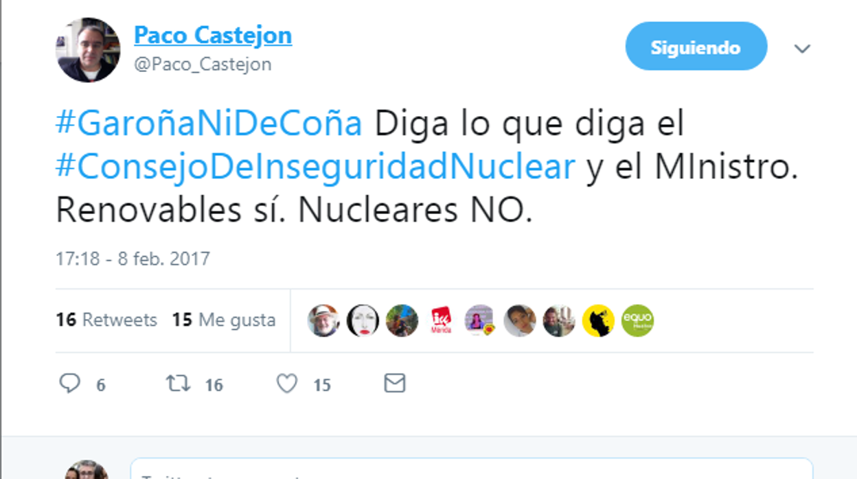 Tweet del nuevo vocal del CSN criticando hace dos años a este organismo y a favor del cierre de las nucleares