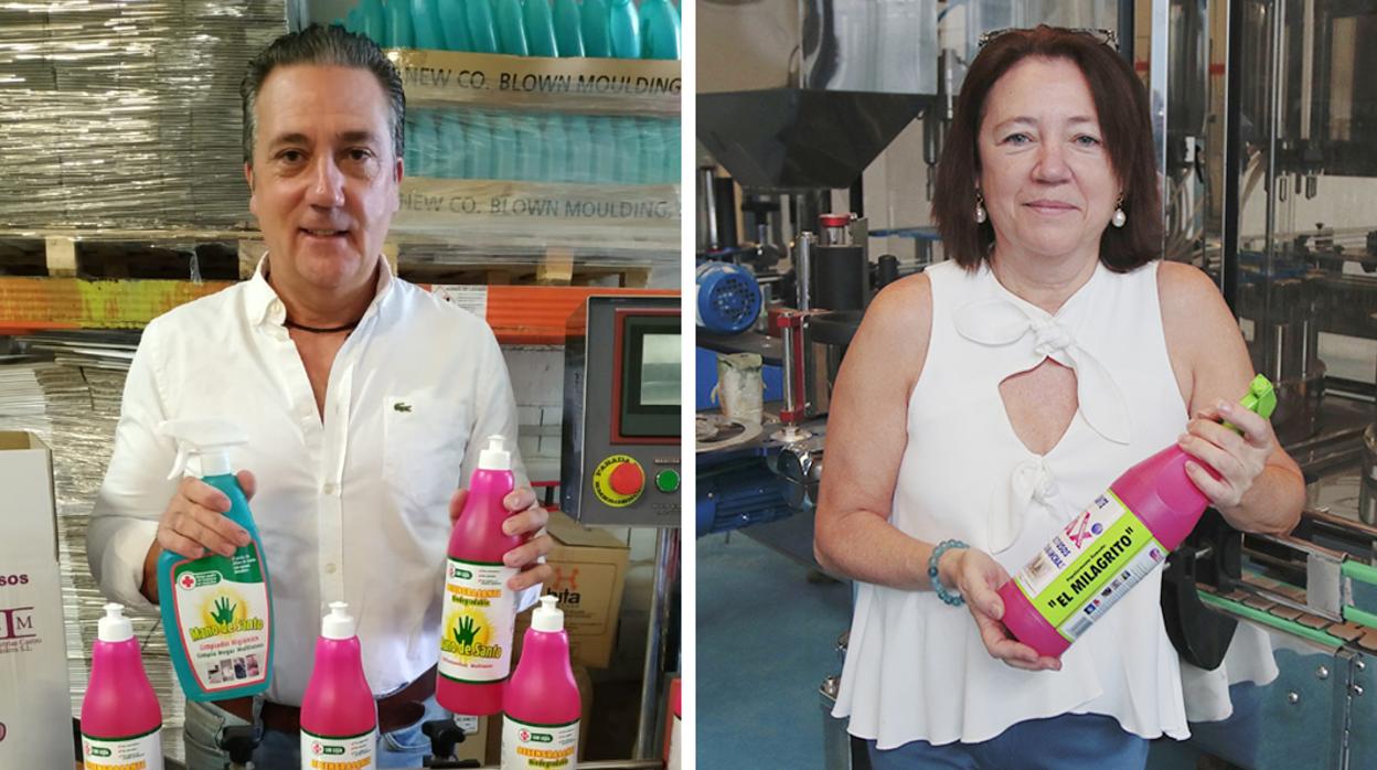 Miguel Castro, con los productos Mano de Santo que comercializa, y su hermana María, con el desengrasante El Milagrito que produce la empresa Fabrienvaf