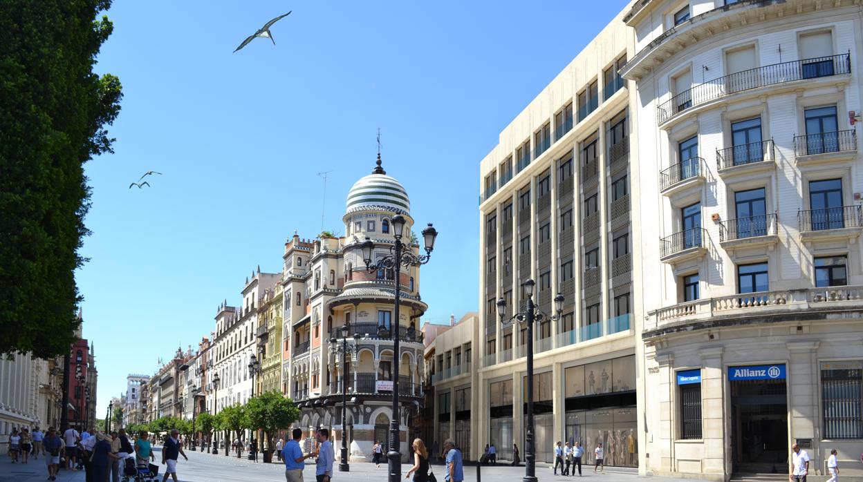 En esta recreación virtual, junto al edificio de Filella, se erige la antigua sede del Banco de Andalucía, ya reformada para acoger un hotel Marriot